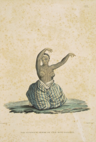 “Iles Sandwich [Hawai'i]: Femme de L’ile Mowi Dansant.” Engraving. Artist: Jacques Arago. Engraver: Augrand. Call Number: Art. Ethnic Culture. Hawaiian. Dance. Hula. Image from Bishop Museum Archives, Honolulu, Hawaii. Images are not to be re-used without permission.