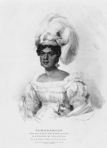 Tamehamalu, Her Majesty the Queen of the Sandwich Islands [Hawai'i]. Lithograph by John Hayter, June 1824. Call Number: Art. People. Kamāmalu. Image from Bishop Museum Archives, Honolulu, Hawaii. Images are not to be re-used without permission.