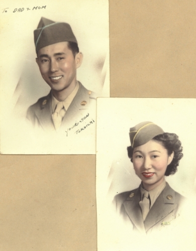 Portraits of two young Japanese U.S. Army service members inscribed, ‘To Dad & Mom, your son Tokuichi,’ and ‘Love, Fumiko.'. February 1945. Call Number: Ethnic Culture. Japanese. People, folder 2. Image from Bishop Museum Archives, Honolulu, Hawaii. Images are not to be re-used without permission.