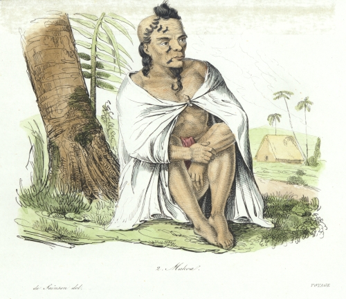 “Makoa [Hawai‘i],” 1834. Hand-colored etching. Artist: M. De Sainson. From: Jules Sebastien Cesar Dumont d’Urville, Voyage Pittoresque Autour du Monde, Resume General des Voyages de Decouvertes…(Paris: Chez L. Tenre, 1834) vol. I, pl. opp. pg. 427. Call Number: Art. Ethnic Culture. Hawaiin. People. Men. Image from Bishop Museum Archives, Honolulu, Hawaii. Images are not to be re-used without permission.