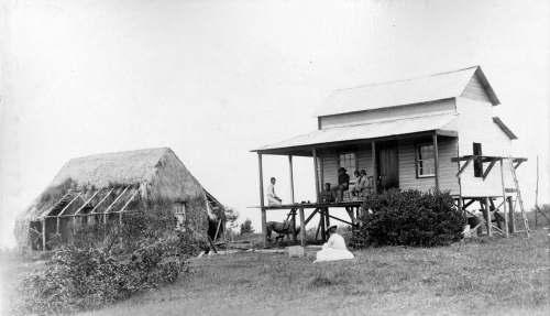 Homes in ‘Ōla‘a, Hawai‘i; "The New and the Old." ca. 1889. Photograph by P. L. Lord. Collection: General Photograph Collection Call Number: E.C. Hawaiian. Domestic Life. Homes. folder 4. Artifact Number: SP 201237 Accession Number: 1986.153.02 Location: Bishop Museum Archives Image from Bishop Museum Archives, Honolulu, Hawaii. Images are not to be re-used without permission.