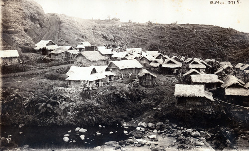 Houses built by Japanese sugar plantation workers in Wainaku, Hawai‘i. These homes were used by the immigrant group arriving in June of 1885. Photograph taken by Charles Furneaux ca. 1890. Call Number: SP 3715 Location: E.C. Japanese. Domestic Life. Image from Bishop Museum Archives, Honolulu, Hawaii. Images are not to be re-used without permission.