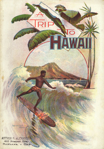 Cover of an 1897 tourist booklet entitled "A Trip to Hawaii" Chromolithograph Call Number: MS Group 79 Box 7.38 Artifact Number: SP_38691 Location: Bishop Museum Archives Image from Bishop Museum Archives, Honolulu, Hawaii. Images are not to be re-used without permission.