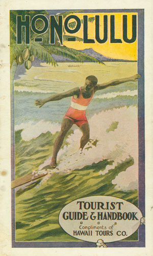 A 1916 promotional guidebook entitled "Honolulu Tourist Guide and Handbook" Mechanical Reproduction. Collection: Carter Collection Call Number: Library: 8.A.65 Image from Bishop Museum Archives, Honolulu, Hawaii. Images are not to be re-used without permission.