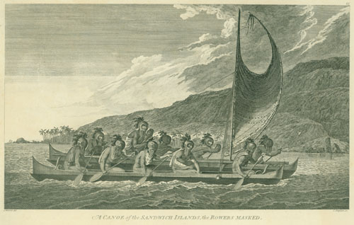 Engraving by Grignion after an original drawing by John Webber, 1784. Collection: Art Collection Call Number: Art. Ethnic Culture. Hawaiian. Transportation. Canoes. Artifact Number: SP 203238 Location: Bishop Museum Archives Image from Bishop Museum Archives, Honolulu, Hawaii. Images are not to be re-used without permission.