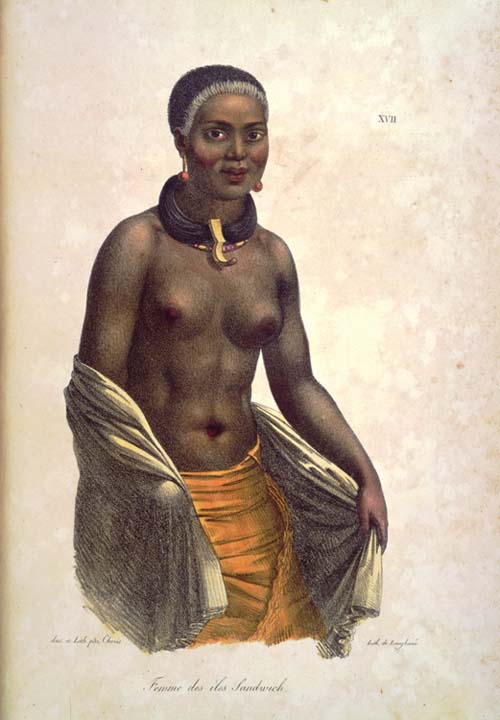 Femme des iles sandwich; 1882 by Louis Choris. Published in Voyage Pittoresque Autour du Monde 1820-1822. Collection: Art Collection Call Number: Art. Ethnic Culture. Hawaiian. People. Women. Artifact Number: XC 101782 Location: Bishop Museum Archives Image from Bishop Museum Archives, Honolulu, Hawaii. Images are not to be re-used without permission.