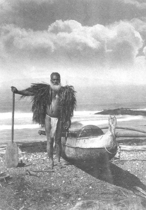 Hawaiian fisherman in a malo and ‘ahu lā‘ī, Mauna Kea in background; Hawai‘i. ca. 1900. Call Number: E.C. Hawaiian. People. Men, folder 1. Artifact Number: SP 20706 Location: Bishop Museum Archives Image from Bishop Museum Archives, Honolulu, Hawaii. Images are not to be re-used without permission.