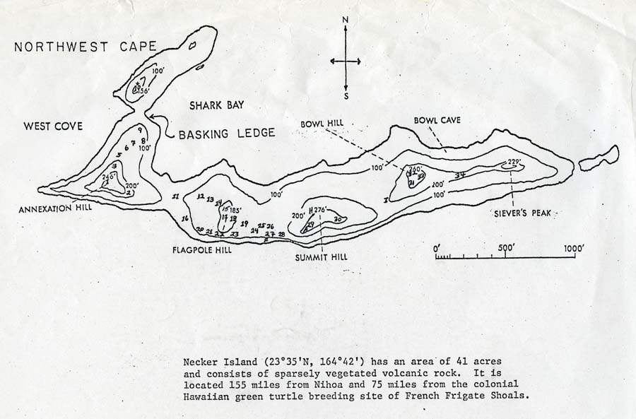 K.P. Emory's archaeological site map of Mokumanamana, depicting the major features of the island and site numbers. Collection: General Photograph Collection Call Number: Geography. Hawai‘i. Necker Island, folder 2. Artifact Number: SP 203881 Location: Bishop Museum Archives Image from Bishop Museum Archives, Honolulu, Hawaii. Images are not to be re-used without permission.