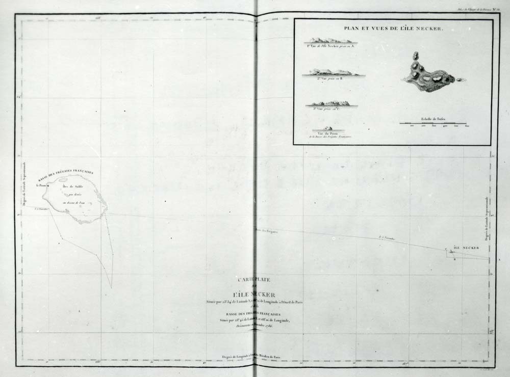 Early map of Mokumanamana published in Atlas du Voyage de la Perouse. November 1786. Call Number: Art. Maps and Charts. Artifact Number: SP 112480 Location: Bishop Museum Library Image from Bishop Museum Archives, Honolulu, Hawaii. Images are not to be re-used without permission.