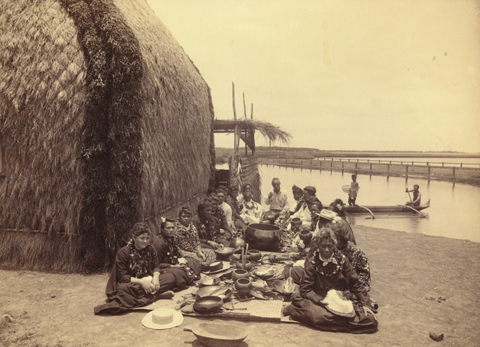 Lū‘au at Moalalua Gardens; Moanalua, O‘ahu, Hawai‘i. 1883. Call Number: E.C. Hawaiian. Domestic Life. Dining. Artifact Number: SP_96216 Image from Bishop Museum Archives, Honolulu, Hawaii. Images are not to be re-used without permission.