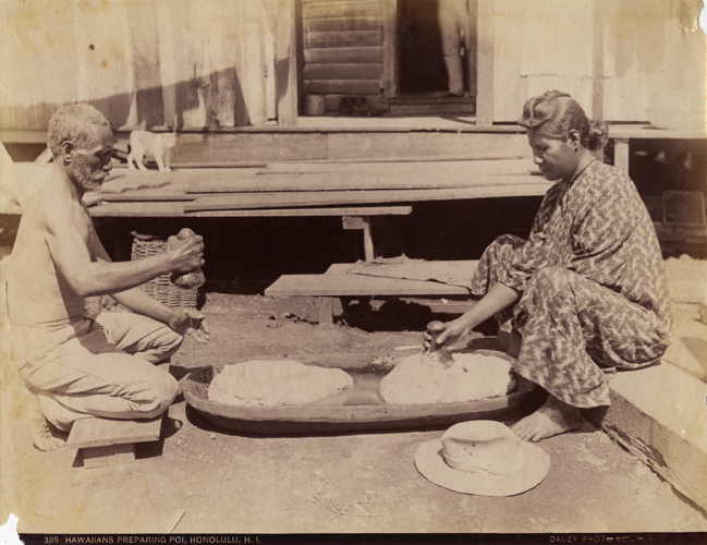 Hawaiian couple pounding kalo; Hawai‘i, photo by Davey, ca. 1900. Call Number: E.C. Hawaiian. Domestic Life. Foods. Poi, folder 2 Artifact Number: SP 203905 Image from Bishop Museum Archives, Honolulu, Hawaii. Images are not to be re-used without permission.