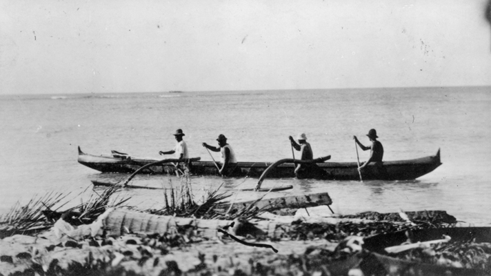 Hawaiian Outrigger Canoe, ca. 1912. Call Number: E.C. Hawaiian. Transportation. Canoes, folder 1. Artifact Number: SP 97018 Image from Bishop Museum Archives, Honolulu, Hawaii. Images are not to be re-used without permission.