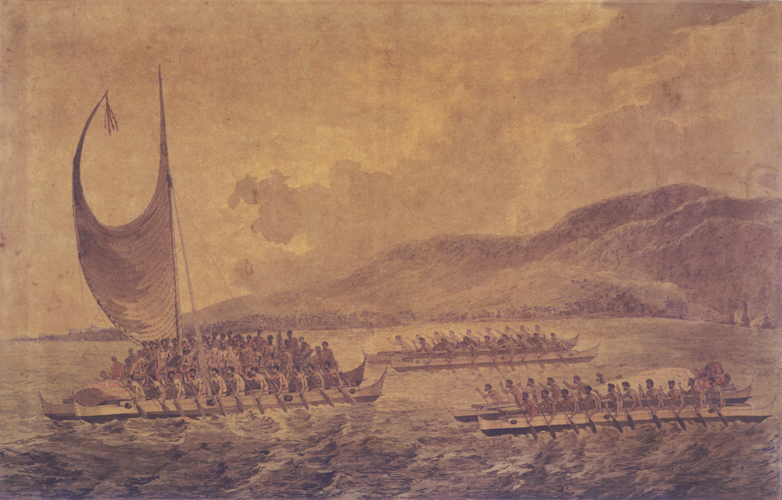Kalaniopu‘u bringing presents to [Captain] Cook by John Webber, 1784. Collection: Art Collection Call Number: Art. Ethnic Culture. Hawaiian. Transportation. Canoes. Artifact Number: SXC 96641 Accession Number: 1922.129 Image from Bishop Museum Archives, Honolulu, Hawaii. Images are not to be re-used without permission.