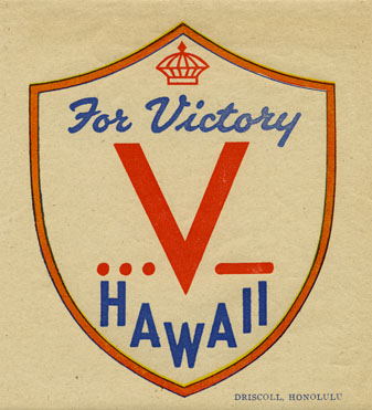 This paper sticker, sold as part of a souvenir set with Hawaiian motifs, uses a very common symbol of World War II: “V for Victory”. This had first been popularized by Winston Churchill, the Prime Minister of Great Britain, who was often photographed holding his fingers up in a V shape. The 3 dots and the longer line above the word “Hawaii” on this sticker stand for the letter V in Morse Code, which used what were called “dots” and “dashes” like these to transmit messages. Collection: Memorabilia Call Number: MS Memorabilia Box 3.6 Location: Bishop Museum Archives Image from Bishop Museum Archives, Honolulu, Hawaii. Images are not to be re-used without permission.