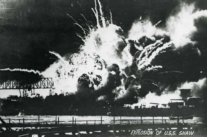 One of the largest explosions of the Dec. 7th attack at Pearl Harbor was that of the U.S.S. Shaw. This spectacular but horrifying picture of the blast is one of the most famous images taken that day. Collection: General Photograph Collection Call Number: Military. WWII. December 7, 1941. Accession Number: 2005.043 Location: Bishop Museum Archives Image from Bishop Museum Archives, Honolulu, Hawaii. Images are not to be re-used without permission.