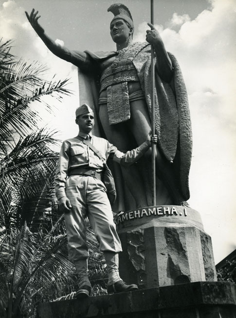 This soldier posed for a snapshot with the King Kamehameha statue located in Kohala, Hawaiʻi Island. Seeing this combination of a man in a U.S. Army uniform with one of Hawaiʻi’s most prominent aliʻi is thought-provoking. Collection: Ruth Oian Pratt Call Number: 1978.227.01, page 33. Artifact Number: CP_112243 Location: Bishop Museum Archives Image from Bishop Museum Archives, Honolulu, Hawaii. Images are not to be re-used without permission.