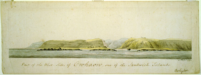 Part of the west side of Owhaow, one of the Sandwich Islands. Owhyhee. [A view of Waimea from the coast; O‘ahu, Hawai‘i], by William Ellis, February 2, 1779. Collection: Art Collection Call Number: Art. Geography. Oahu Artifact Number: SXC 99372 Accession Number: 1959.188 Location: Bishop Museum Archives Image from Bishop Museum Archives, Honolulu, Hawaii. Images are not to be re-used without permission.