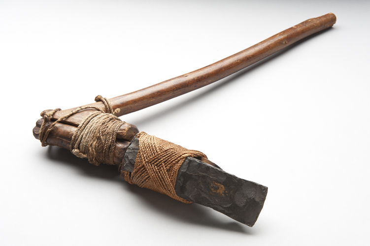 Swivel-headed adze made of wood, olonā, and polished stone used primarily for working on the interior of canoes; Hawai‘i. Photo by David Franzen, June 13, 2011 Collection: J.S. Emerson Collection Call Number: Q 205653 Artifact Number: 03116 Accession Number: 1889.006 Image from Bishop Museum Archives, Honolulu, Hawaii. Images are not to be re-used without permission.