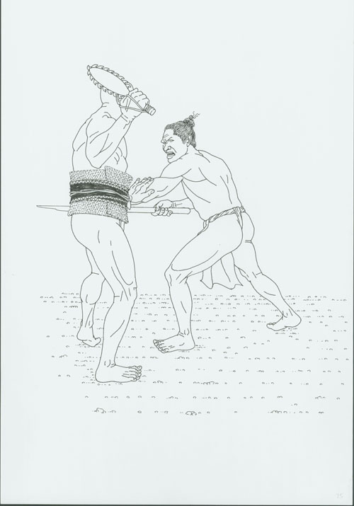 Lua technique "Leiomano (variant 1)". For illustrations of the complete technique, see Lua: Art of the Hawaiian Warrior by Richard Paglinawan, Mitchell Eli, Moses Kalauokalani, and Jerry Walker. Honolulu, Hawaii: Bishop Museum, 2006. Call Number: GV1100.H3 P34 2006. Image from Bishop Museum Archives, Honolulu, Hawaii. Images are not to be re-used without permission.