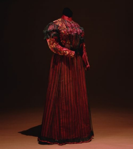 Gown worn by Princess Lili`uokalani to King Kalakaua's Coronation. This gown was one of two ordered by Princess Lili`uokalani in 1883 from a Parisian dressmaker. Silk, velvet, glass and metalic beads. Photographer: Seth Joel From: Rose, Roger. Hawai‘i: The Royal Isles. Honolulu: Bishop Museum Press, 1980, page 49, no. 278. Collection: Lili`uokalani Collection Artifact Number: 1917.19.01 Image from Bishop Museum Archives, Honolulu, Hawaii. Images are not to be re-used without permission.