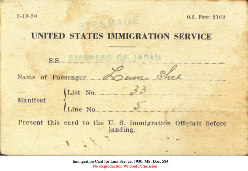 Immigration card for Lum See