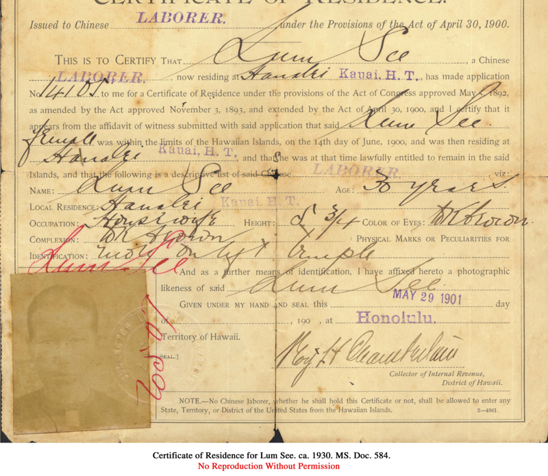 Certificate of Residence for Lum See
