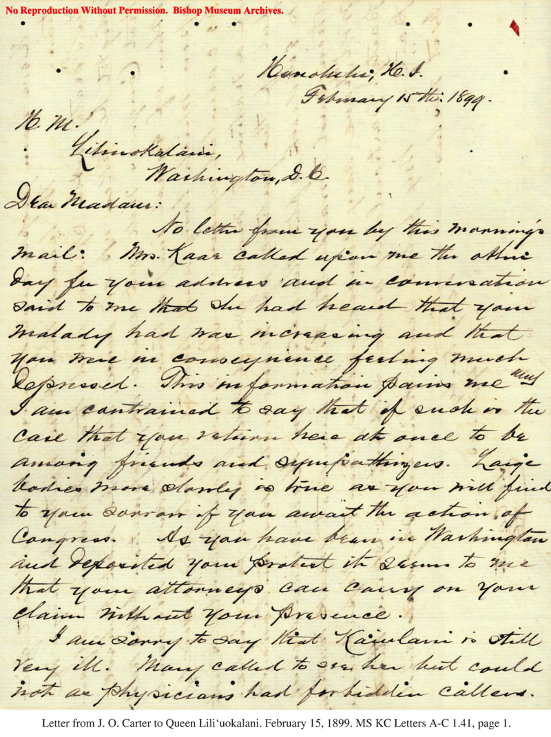 Letter from J. O. Carter to Queen Lili`uokalani