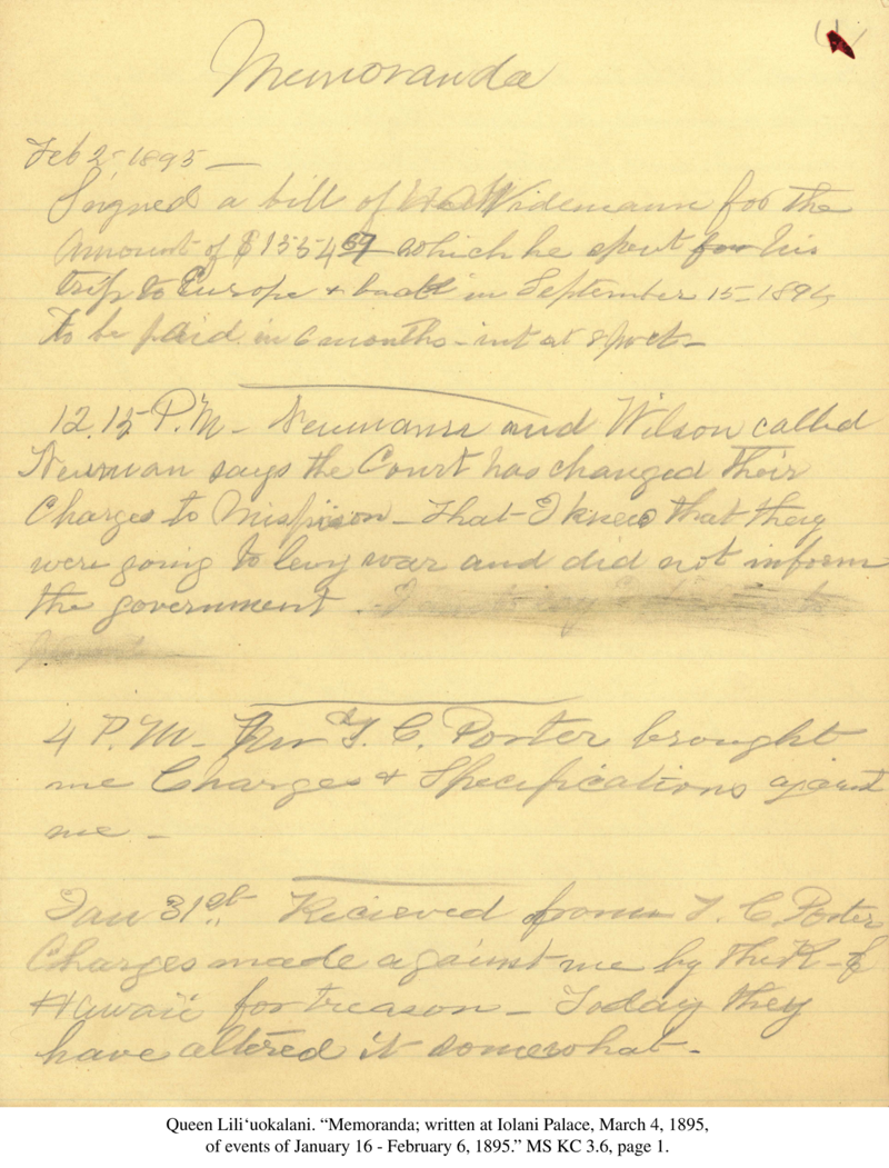 "Memoranda" written at ʻIolani Palace