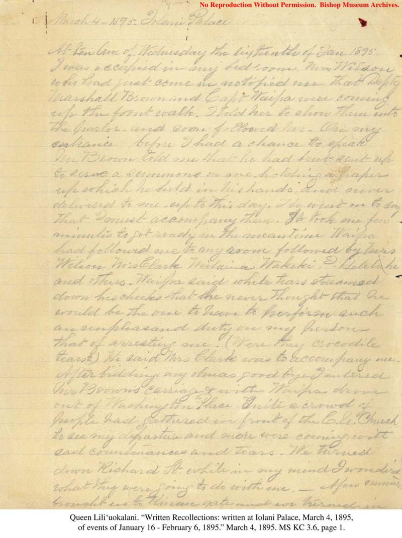 Written Recollections; written at ʻIolani Palace