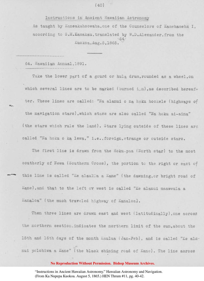 Instructions in Ancient Hawaiian Astronomy and Navigation
