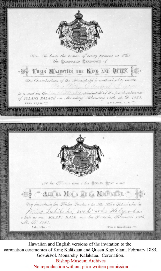 Invitation to the Coronation of King Kalākaua and Queen Kapiʻolani