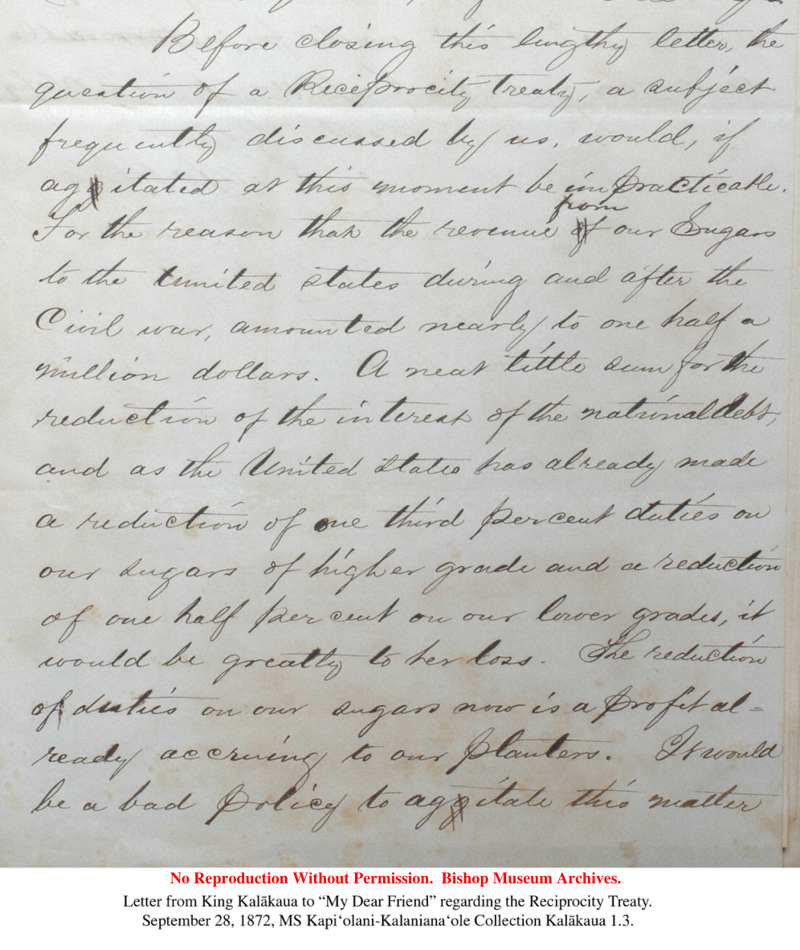 Letter From King Kalākaua regarding the Reciprocity Treaty