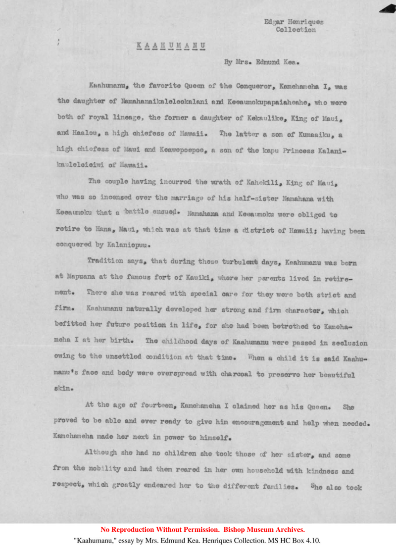 Kaʻahumanu essay by Mrs. Edmund Kea