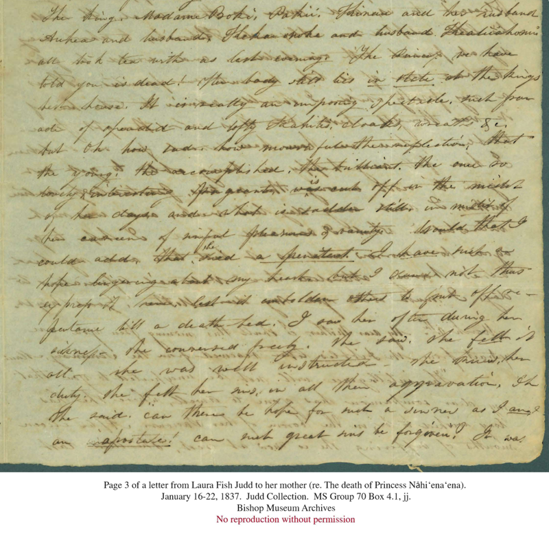 Letter from Missionary Wife L.F. Judd on the Death of Princess Nāhiʻenaʻena