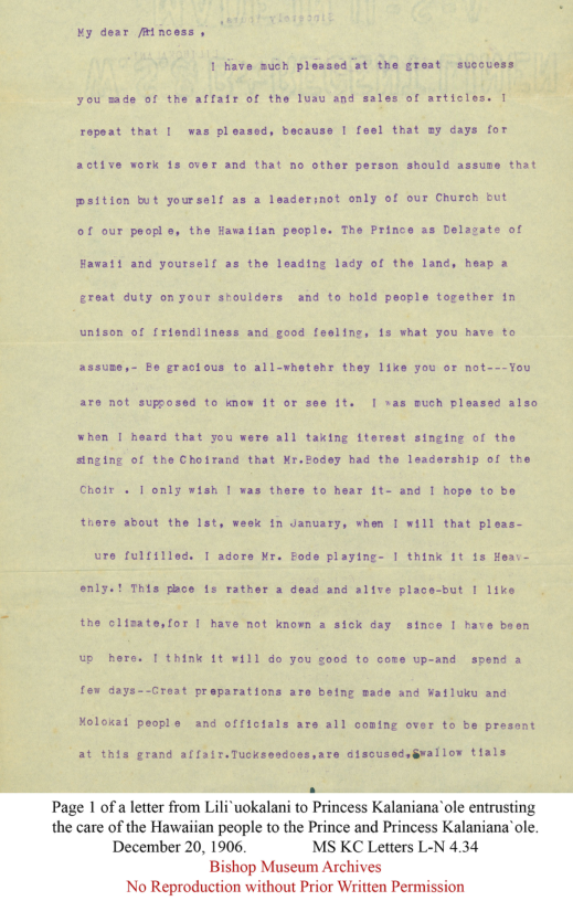 Letter from Queen Liliʻuokalani to Princess Kalanianaʻole