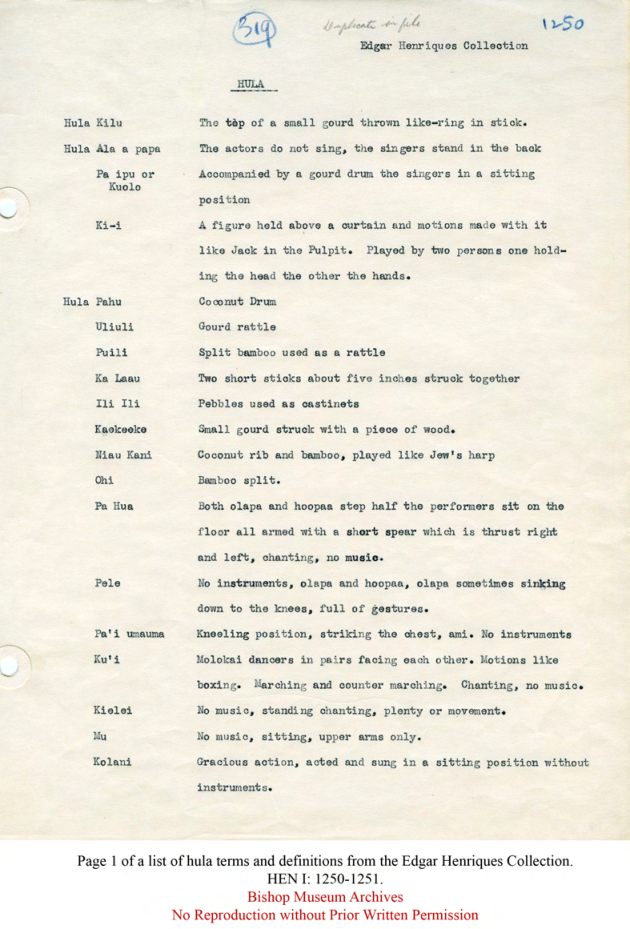 Hula Terms and Definitions from the Henriques Collection