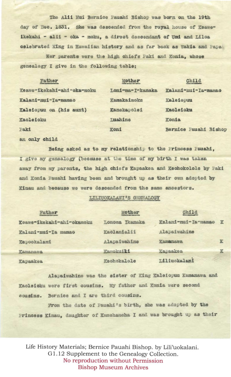 Life History Materials; Bernice Pauahi Bishop