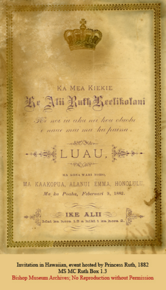 Invitation to a lūʻau hosted by Princess Ruth