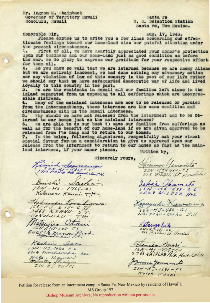 Petition and letters for release of internees