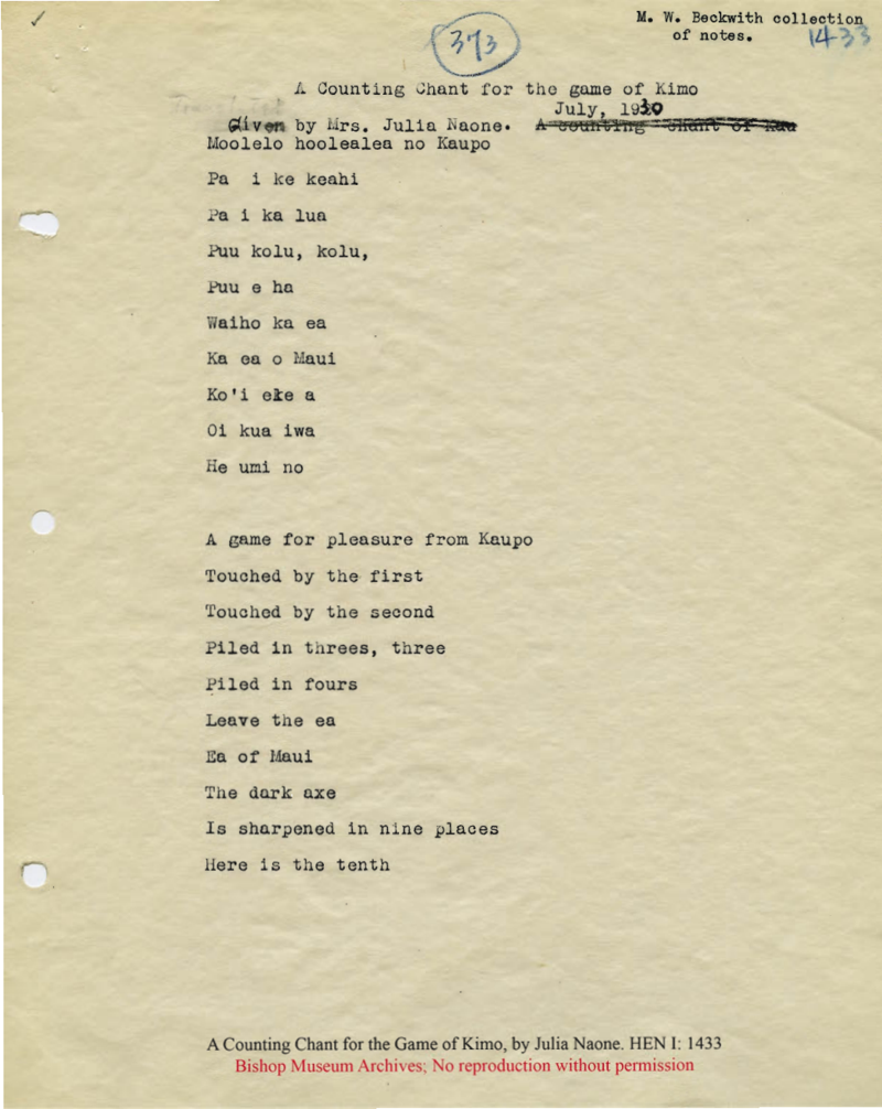 A Counting Chant for the Game of Kimo
