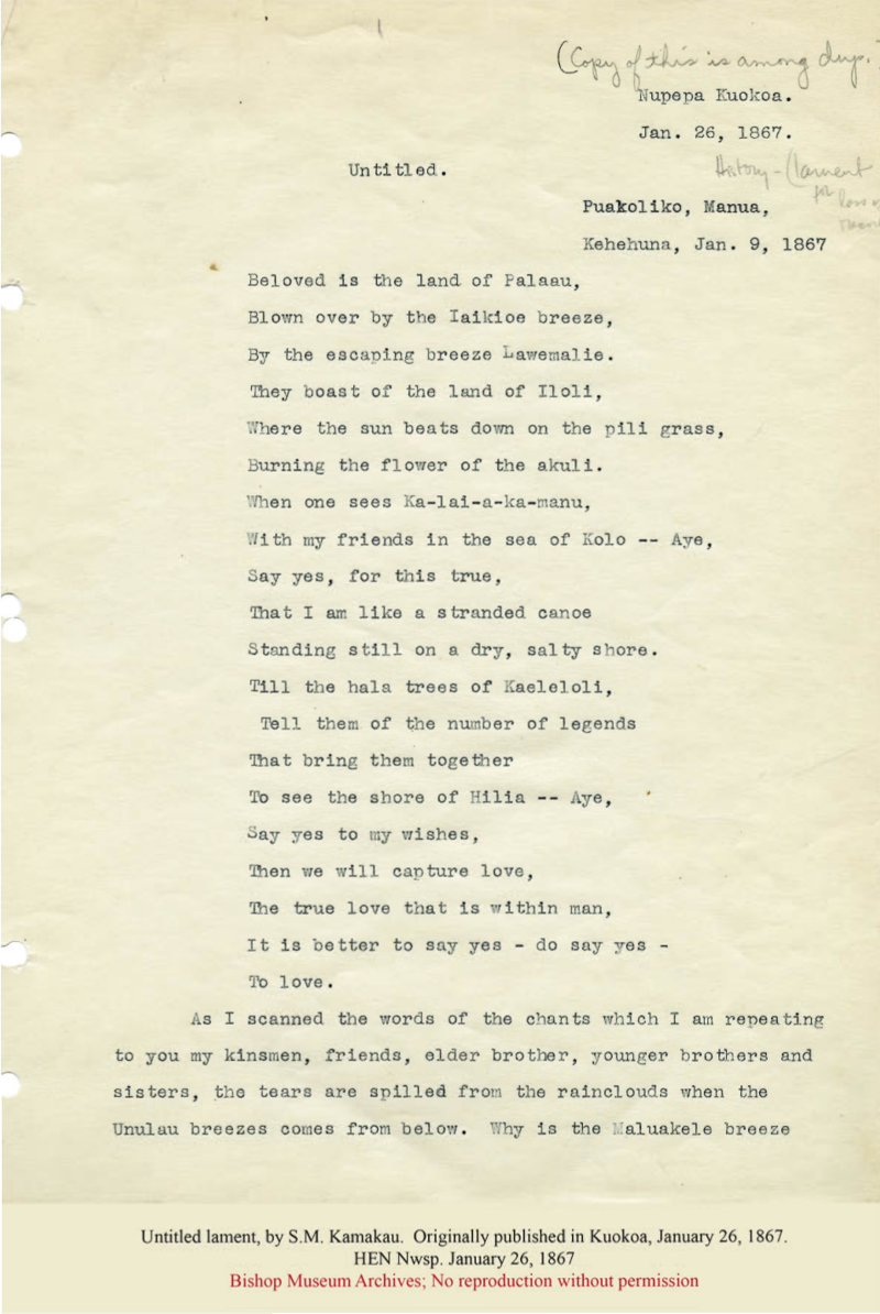 Untitled lament by S.M. Kamakau