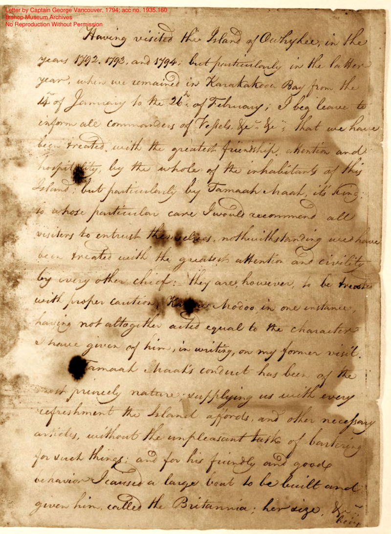 Letter from Captain George Vancouver