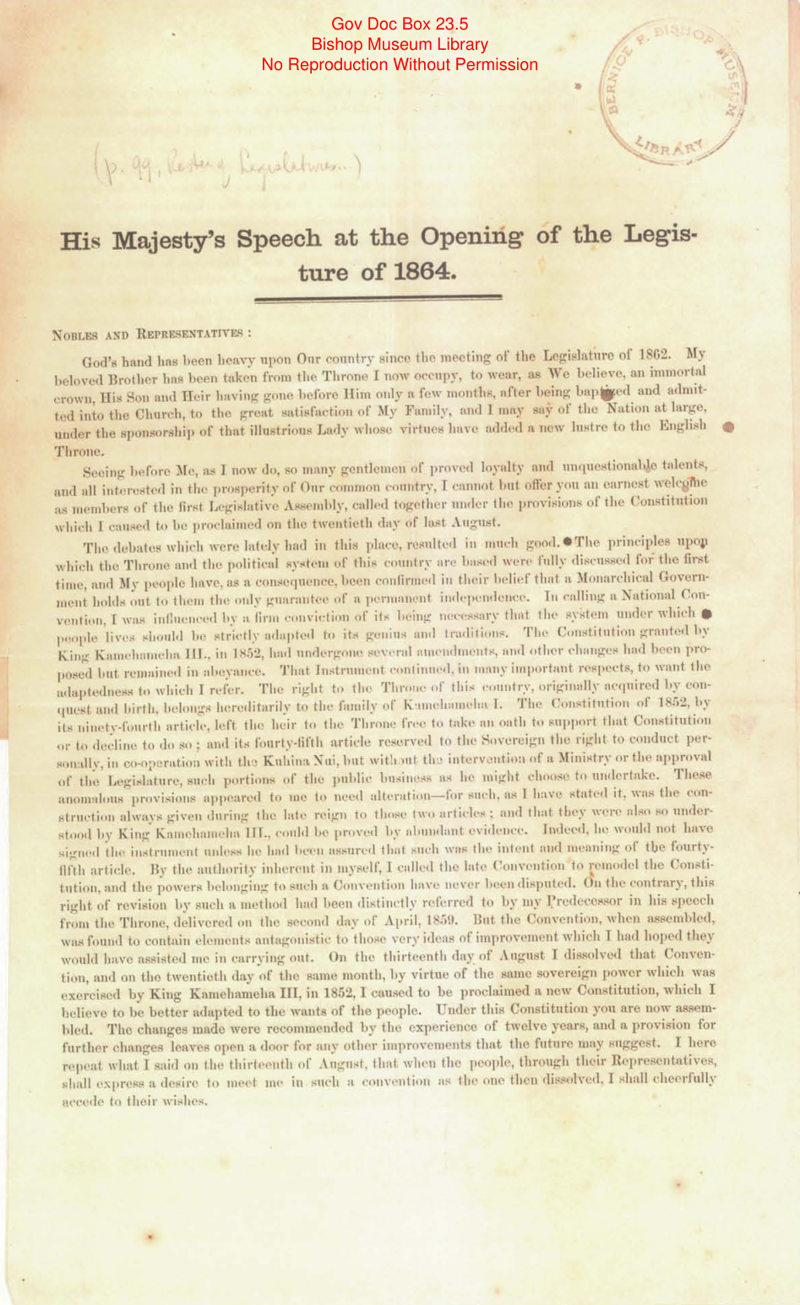 His Majesty's Speech at the Opening of the Legislature of 1864