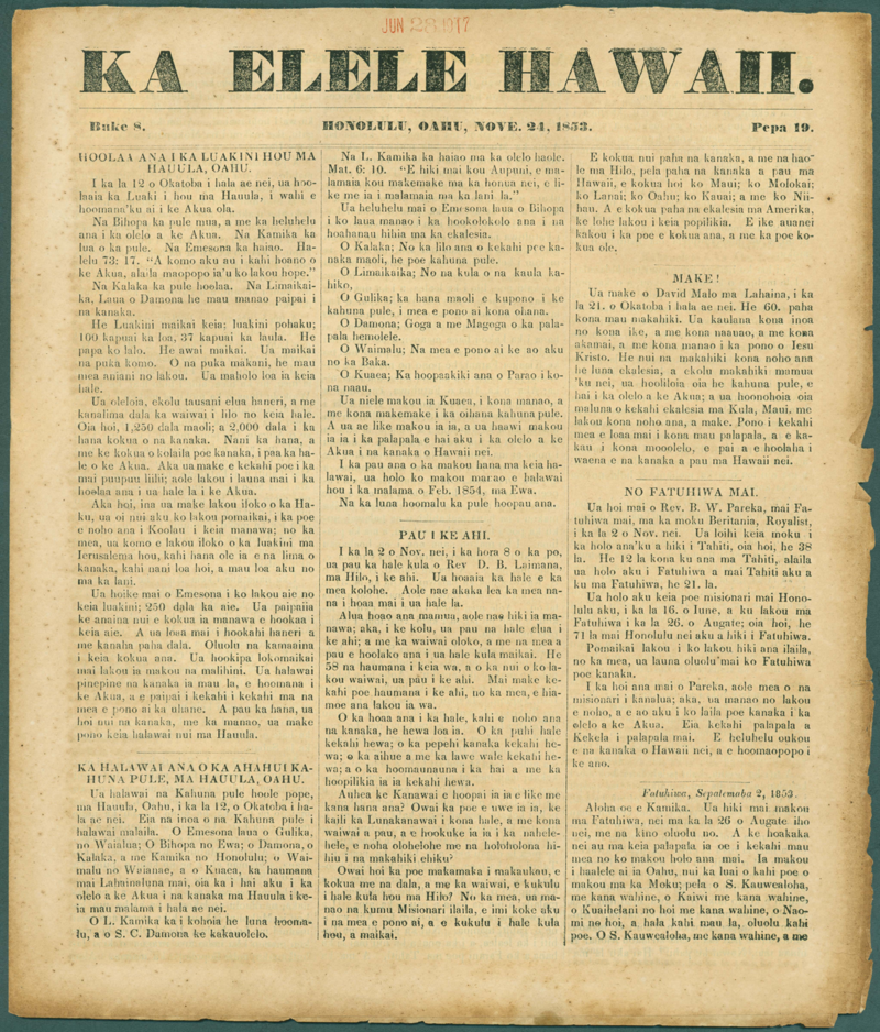 Ka Elelele Hawaii, November 24, 1853